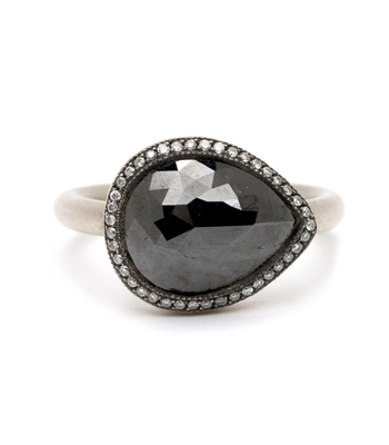 Pear Shape Rose Cut Black Diamond Bohemian Engagement Ring designed by Sofia Kaman handmade in Los Angeles