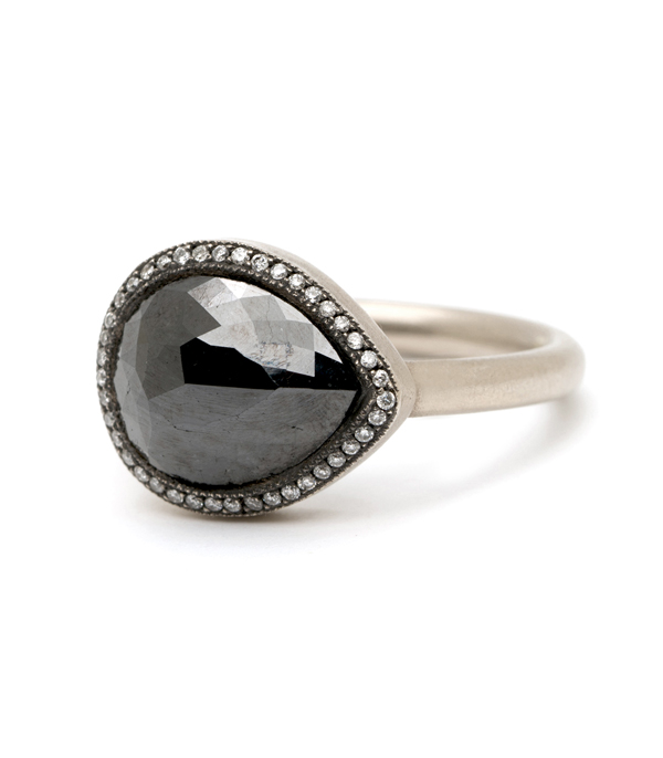 White Gold Rose Cut Pear Shape Black Diamond Engagement Ring
