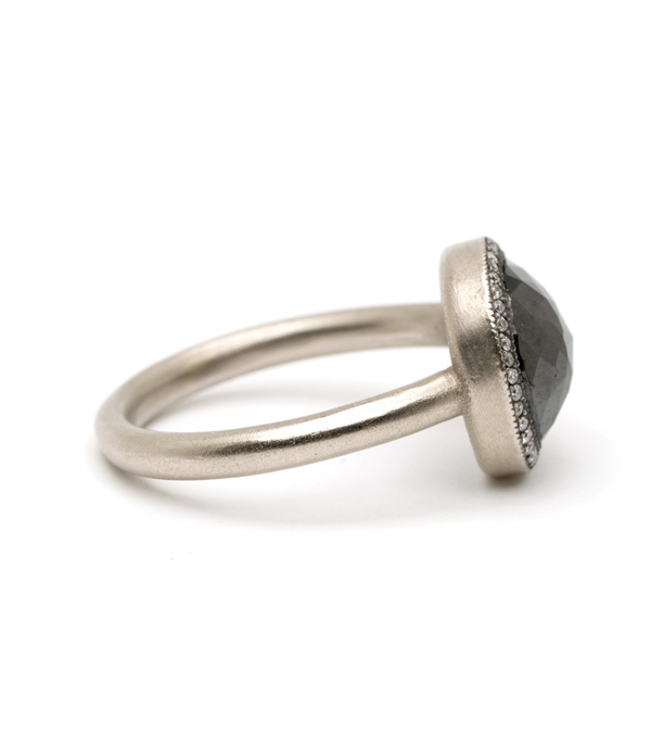 White Gold Rose Cut Pear Shape Black Diamond Engagement Ring