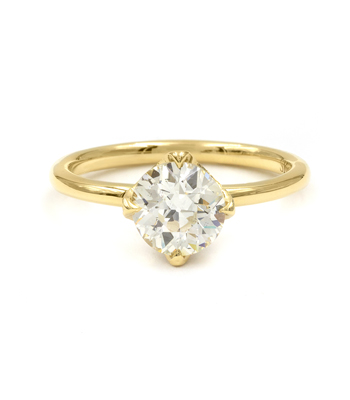 Solitaire 18K Gold Old Mine Cut Diamond Solitaire Boho Engagement Ring designed by Sofia Kaman handmade in Los Angeles