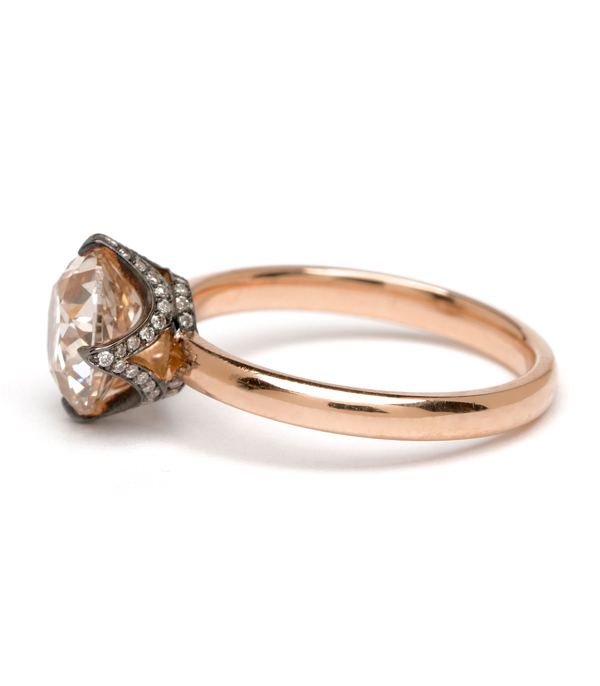 Gold European Cut Champagne Diamond Blackened Crown Setting Boho Engagment Ring