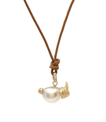 Gold Pearl Bunny Charm Leather Cord Necklace designed by Sofia Kaman handmade in Los Angeles