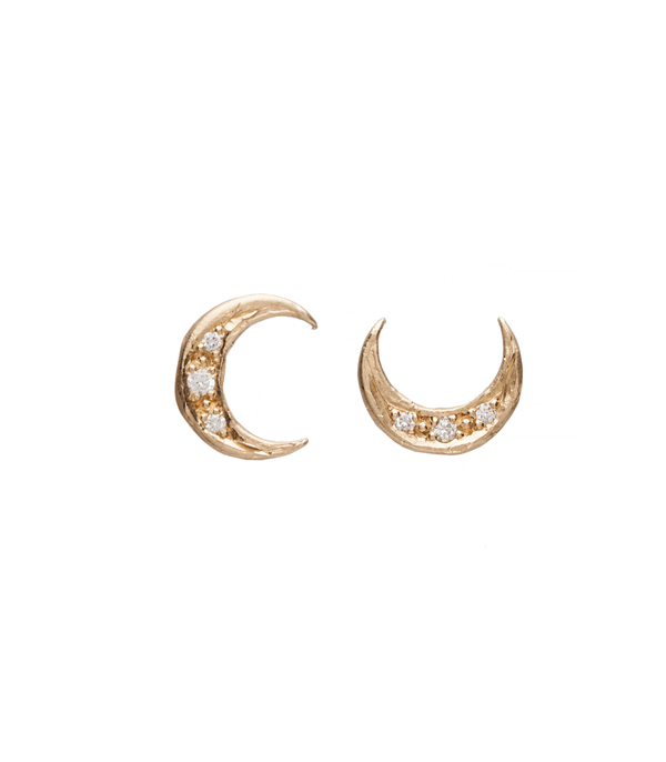 Gold 3 Diamond Crescent Moon Stud Earrings