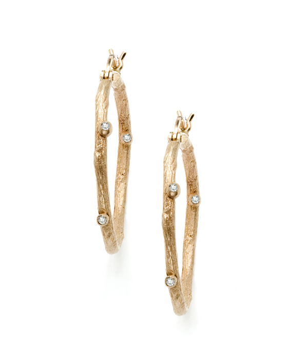 Gold Small Branch Diamond Pod Hoop Earrings