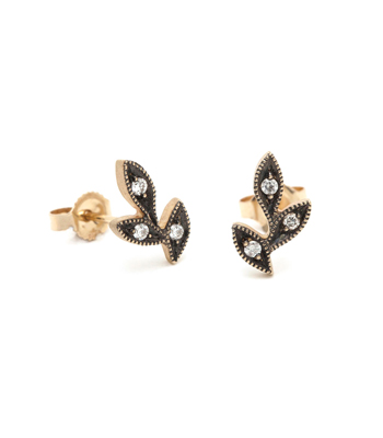 14K Blackened Gold Leafy Diamond Earrings Bohemian Jewelry designed by Sofia Kaman handmade in Los Angeles