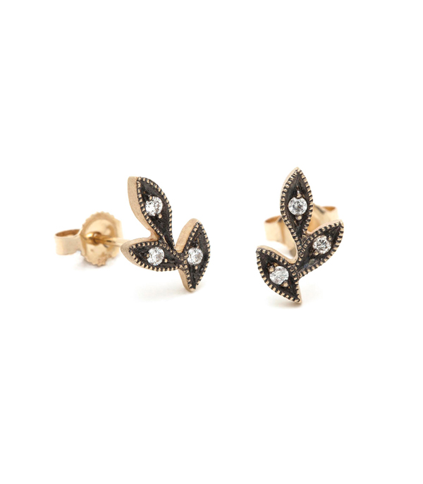 Blackened Gold Diamond Accent Leaf Earrings