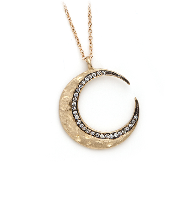 14K Gold Textured Blackened Edge Diamond Pave Crescent Moon Boho Necklace goes perfect with most Rose Gold Engagement Rings designed by Sofia Kaman handmade in Los Angeles using our SKFJ ethical jewelry process.