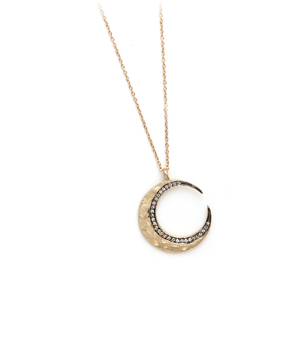 Gold Blackened Pave Diamond Crescent Moon Charm Necklace