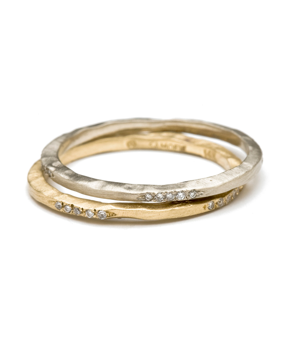 Gold Hammered Textured Micro Pave Diamond Skinny Stacking Ring