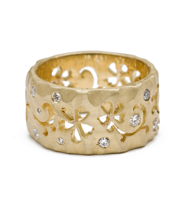 Matte Gold Diamond Accented Scrolling Flower 10mm Boho Wedding Band designed by Sofia Kaman handmade in Los Angeles using our SKFJ ethical jewelry process. This piece has been sold and is in the SK Archive.
