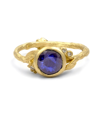 Sapphire Engagement Rings Matte Yellow Gold Twig Textured Band Diamond Accent Flower Blue Sapphire Boho Engagement Ring designed by Sofia Kaman handmade in Los Angeles
