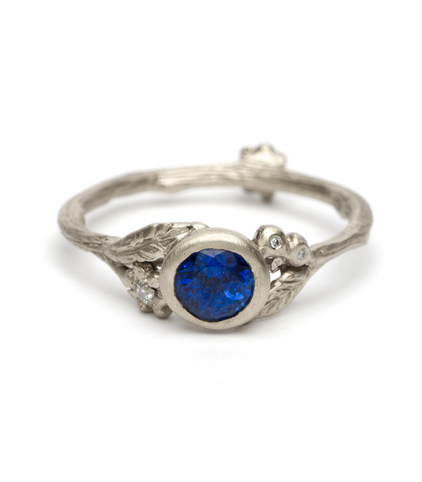 Matte White Gold Twig Textured Diamond Accent Blue Sapphire Boho Engagment Ring