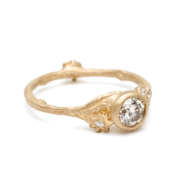 Gold Champagne Diamond Twig And Daisies Solitaire Small