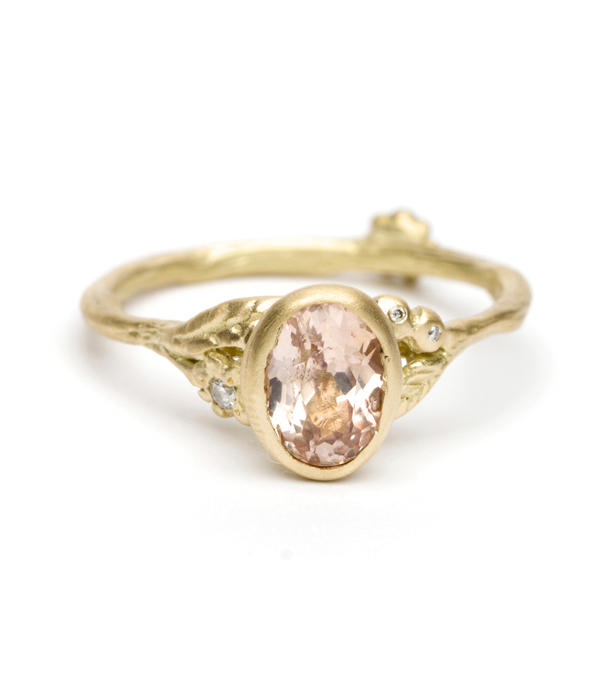 Yellow Gold Twig Textured Diamond Flower Band Peach Sapphire Boho Engagement Ring designed by Sofia Kaman handmade in Los Angeles using our SKFJ ethical jewelry process. This piece has been sold and is in the SK Archive.