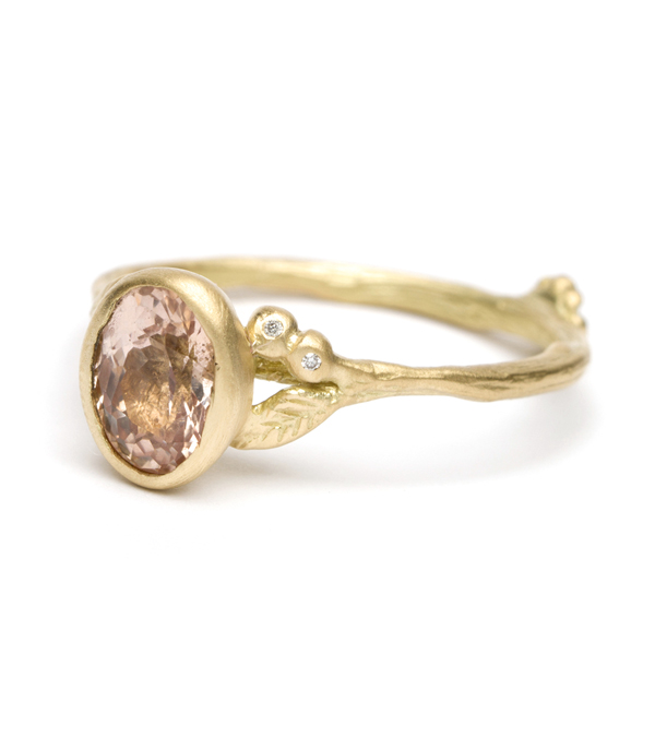 Gold Twig Textured Diamond Accent Peach Sapphire Boho Engagement Ring
