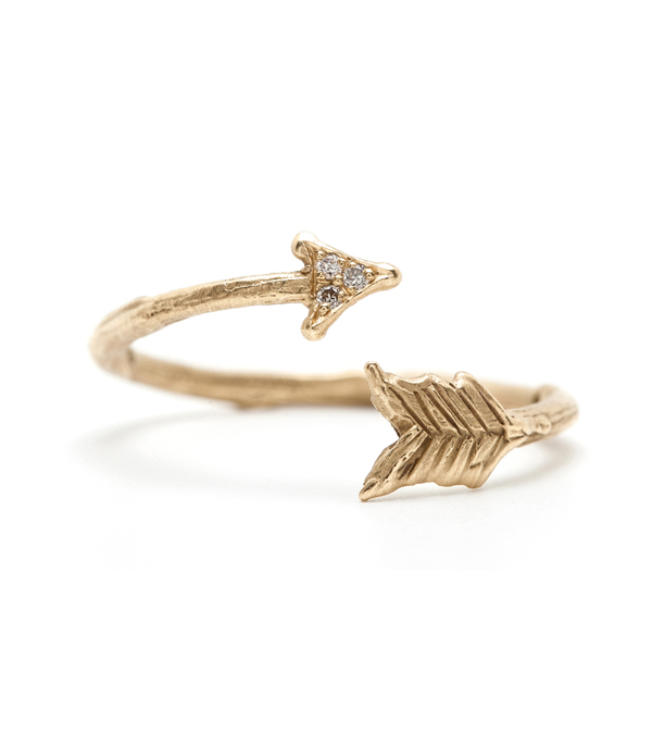 14k Gold Diamond Accented Whimsical Twig Textured Adjustable Arrow Ring