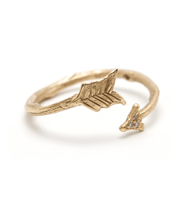14k Gold Diamond Accented Whimsical Twig Textured Adjustable Arrow Ring