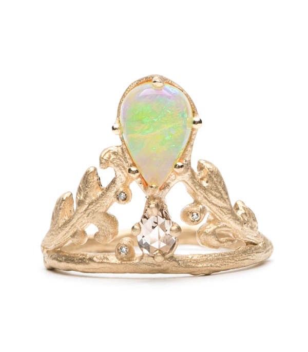 Pear Shape Opal Diamond Natural Organic Twig Leaf Bohemian Engagement Ring designed by Sofia Kaman handmade in Los Angeles using our SKFJ ethical jewelry process. This piece has been sold and is in the SK Archive.