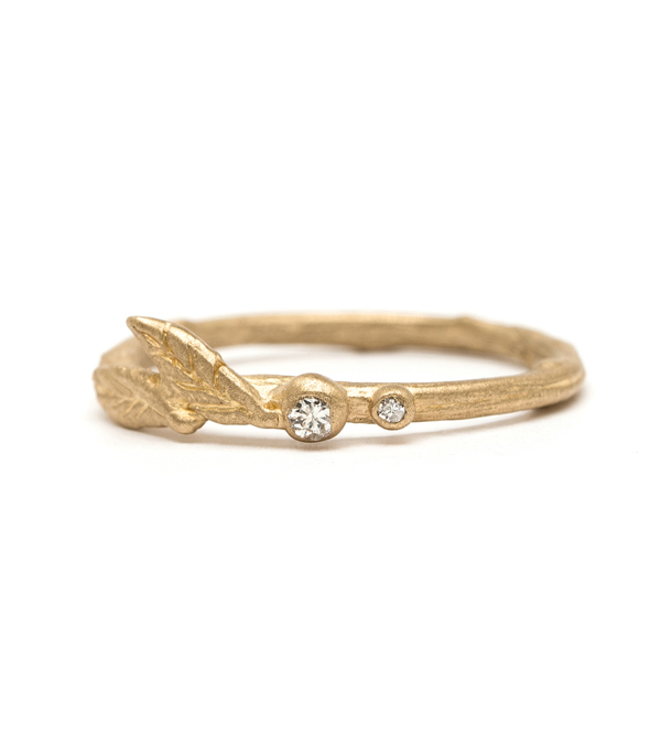 14K Gold Diamond Twig Leaf Boho Stacking Ring designed by Sofia Kaman handmade in Los Angeles using our SKFJ ethical jewelry process.