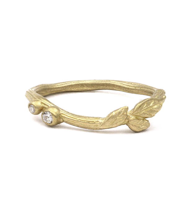 Nature Inspired Twig Nesting Band with Leaves and Diamond Pods for Boho Engagement Rings designed by Sofia Kaman handmade in Los Angeles using our SKFJ ethical jewelry process.
