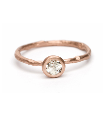 Matte Rose Gold Twig Textured White Sapphire Solitaire Boho Engagement Ring designed by Sofia Kaman handmade in Los Angeles