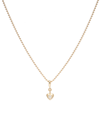 Small Heart Shape Gold Charm with Diamond on Ball Chain for 3 Carat Diamond Ring designed by Sofia Kaman handmade in Los Angeles