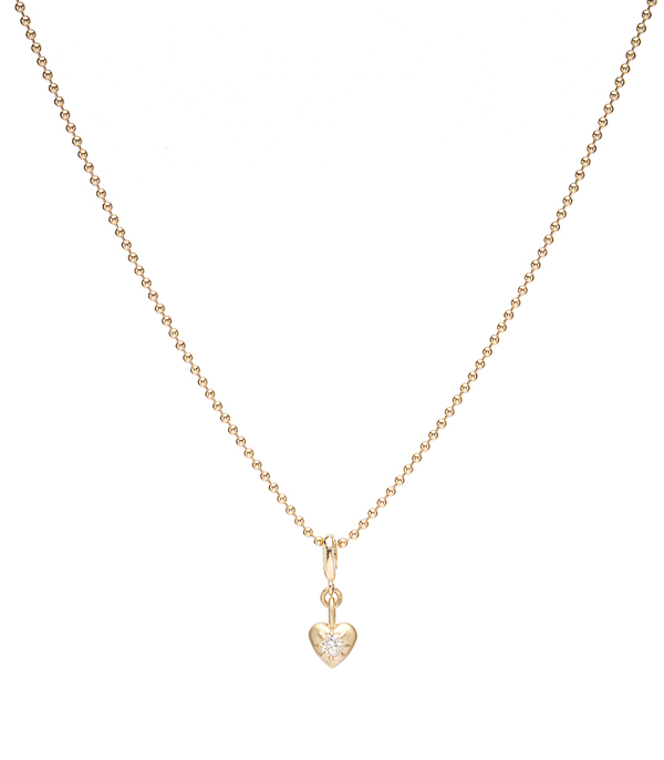 Small Heart Shape Gold Charm with Diamond on Ball Chain for 3 Carat Diamond Ring designed by Sofia Kaman handmade in Los Angeles using our SKFJ ethical jewelry process.