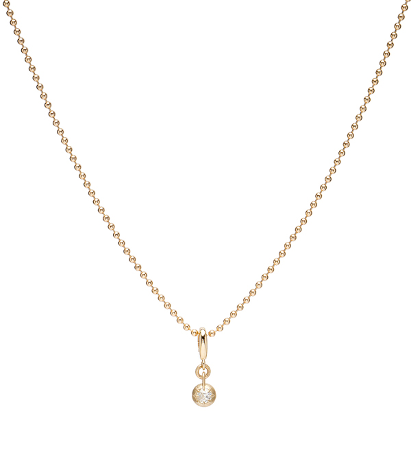 Small Gold Round Charm Pendent with Diamond on Ball Chain Necklace for 2 Carat Diamond Ring designed by Sofia Kaman handmade in Los Angeles using our SKFJ ethical jewelry process.