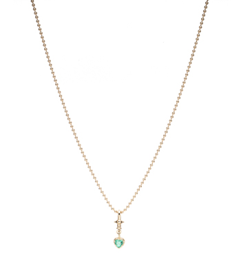 14k Gold Heart Shape Collet with Emerald on Ball Chain Necklace for 1 Carat Diamond Ring designed by Sofia Kaman handmade in Los Angeles