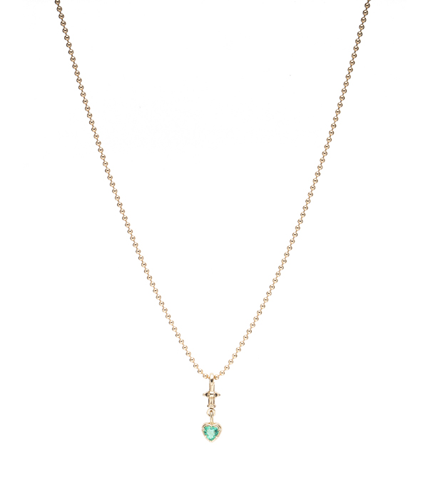 14k Gold Heart Shape Collet with Emerald on Ball Chain Necklace for 1 Carat Diamond Ring designed by Sofia Kaman handmade in Los Angeles using our SKFJ ethical jewelry process.