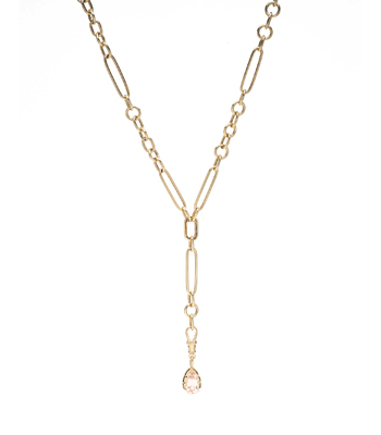 18k Gold Pear Shape Collet with Peach Sapphire on 14k Gold Paperclip and Round Chain link Necklace for 2 Carat Diamond Ring designed by Sofia Kaman handmade in Los Angeles