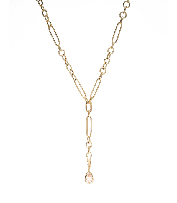 18k Gold Pear Shape Collet with Peach Sapphire on 14k Gold Paperclip and Round Chain link Necklace for 2 Carat Diamond Ring designed by Sofia Kaman handmade in Los Angeles using our SKFJ ethical jewelry process.