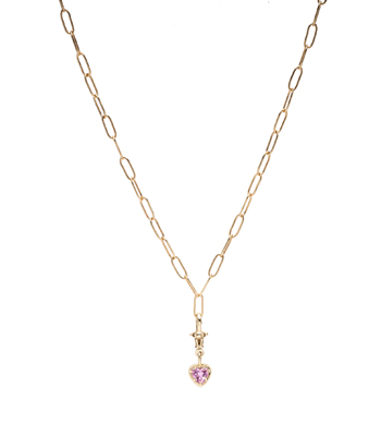 14k Gold Heart Shape Collet with Pink Sapphire on Paperclip Chain Necklace for 1 Carat Diamond Ring designed by Sofia Kaman handmade in Los Angeles
