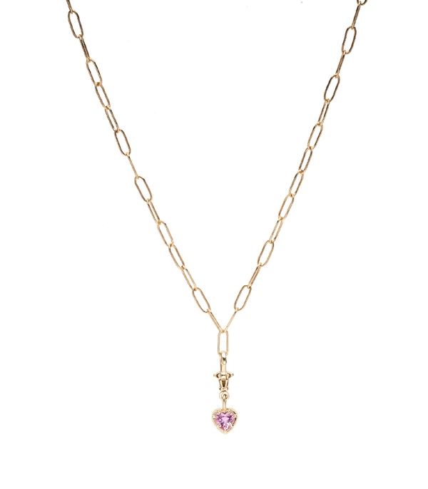 14k Gold Heart Shape Collet with Pink Sapphire on Paperclip Chain Necklace for 1 Carat Diamond Ring designed by Sofia Kaman handmade in Los Angeles using our SKFJ ethical jewelry process.