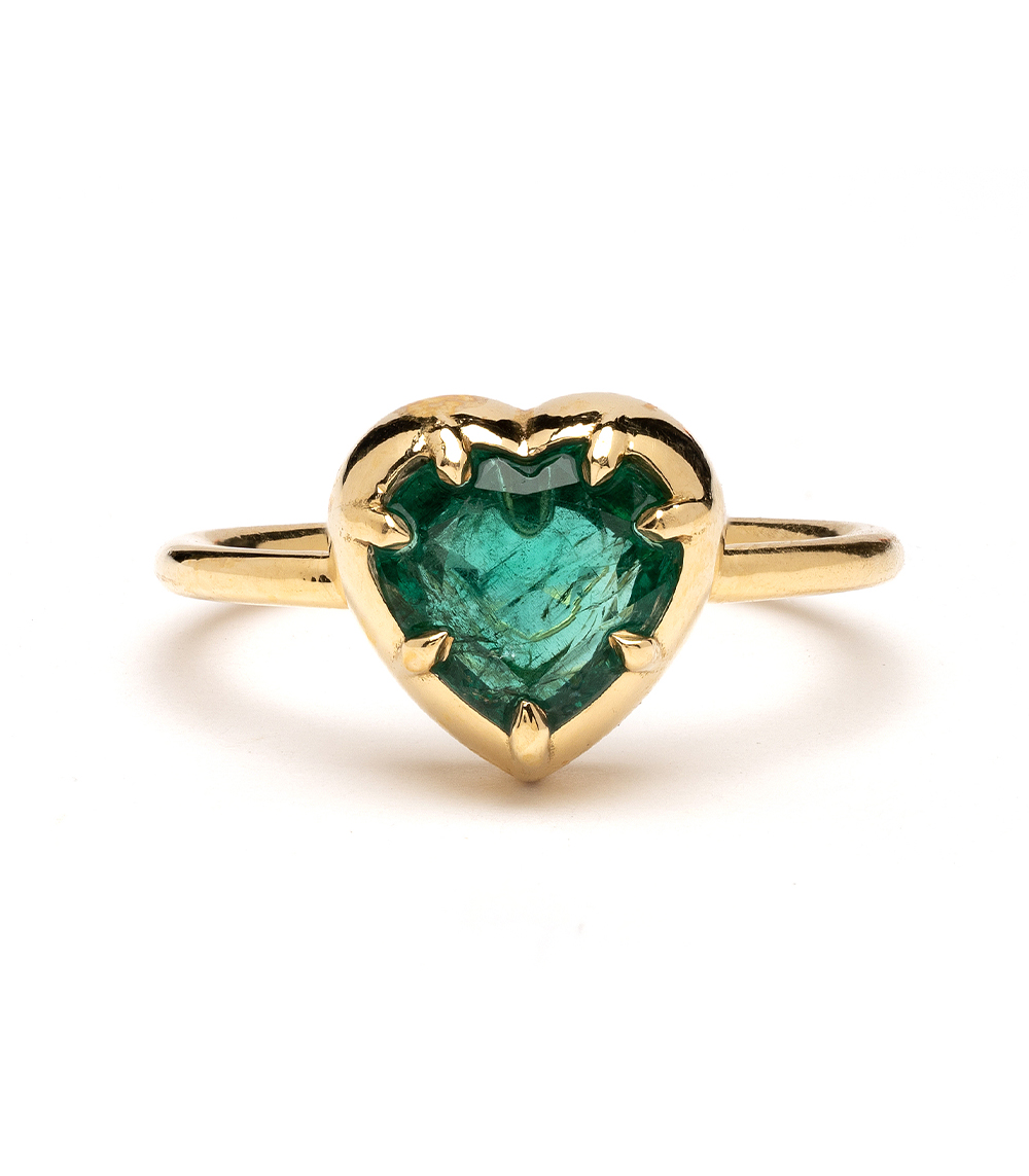 18k Shiny Yellow Gold Heart Shape Emerald Unique Engagement Ring designed by Sofia Kaman handmade in Los Angeles