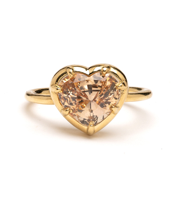 Peach Sapphire Engagement Rings 18k Shiny Yellow Gold Heart Shape Peach Sapphire Perfect Birth Stone Gift for September designed by Sofia Kaman handmade in Los Angeles