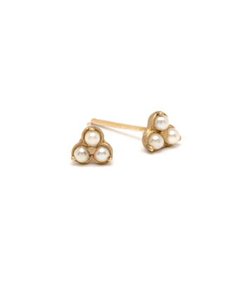 14K Gold Pearl Trefoil Stud Earrings for Unique Engagement Rings designed by Sofia Kaman handmade in Los Angeles