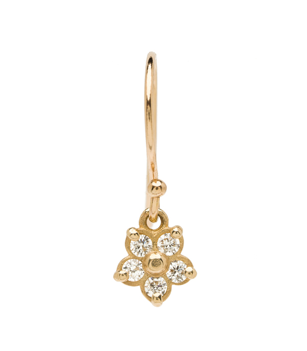 14k Gold Diamond Forget Me Not Ear Wire Dangle Boho Single Earring designed by Sofia Kaman handmade in Los Angeles using our SKFJ ethical jewelry process.