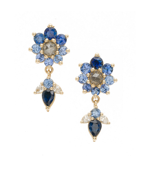 Giardinetti Flowers and Leaves Dangle Diamond Sapphire Navy Earrings designed by Sofia Kaman handmade in Los Angeles using our SKFJ ethical jewelry process.