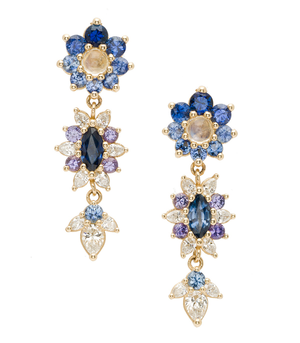 Giardinetti Flowers and Leaves Dangle Diamond Sapphire Boho Navy Earrings designed by Sofia Kaman handmade in Los Angeles using our SKFJ ethical jewelry process.