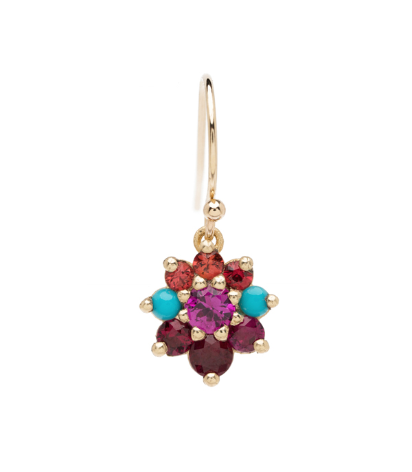 Vintage Georgian Inspired Giardinetti Orange Sapphire Turquoise Ruby Cluster Pink Sapphire Center Flower Boho Single Earring designed by Sofia Kaman handmade in Los Angeles using our SKFJ ethical jewelry process.
