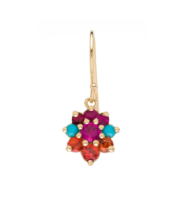 Vintage Georgian Inspired Giardinetti Ruby Turquoise Orange Sapphire Cluster Pink Sapphire Center Flower Bohemian Single Earring designed by Sofia Kaman handmade in Los Angeles using our SKFJ ethical jewelry process.