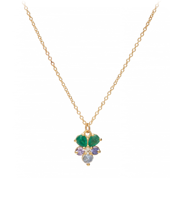 Matte Gold Emarald Sapphire Diamond Moonstone Bohemian Pansie Flower Necklace