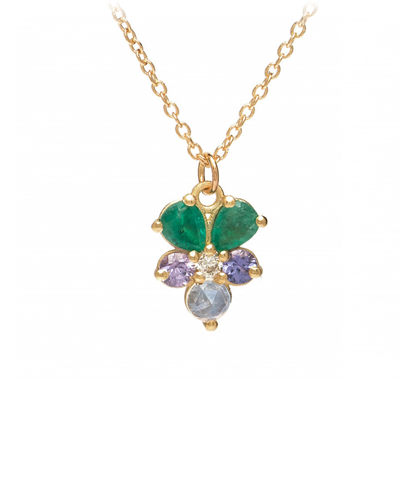 Matte Gold Emarald Sapphire Diamond Moonstone Bohemian Pansie Flower Necklace