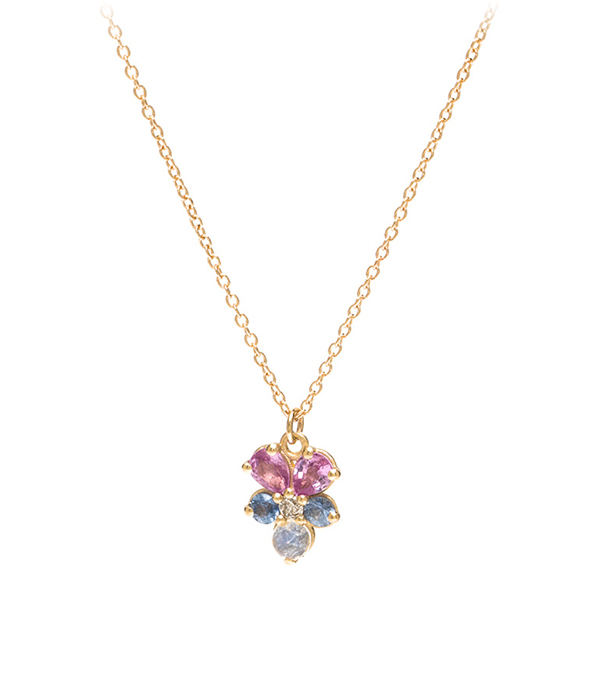 14K Matte Gold Pink and Blue Sapphire Diamond Moonstone Pansy Flower Bohemian Bride Wedding Necklace designed by Sofia Kaman handmade in Los Angeles using our SKFJ ethical jewelry process.