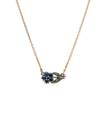 14K Gold Antique Inspired Blue Sapphire Bohemian Flower Necklace designed by Sofia Kaman handmade in Los Angeles