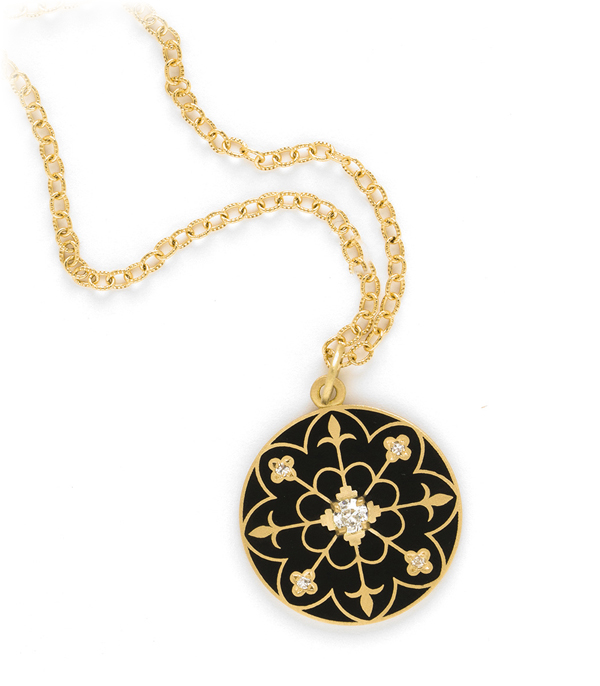 Gold Black Enamel Compass Mandala Diamond Pendant Necklace
