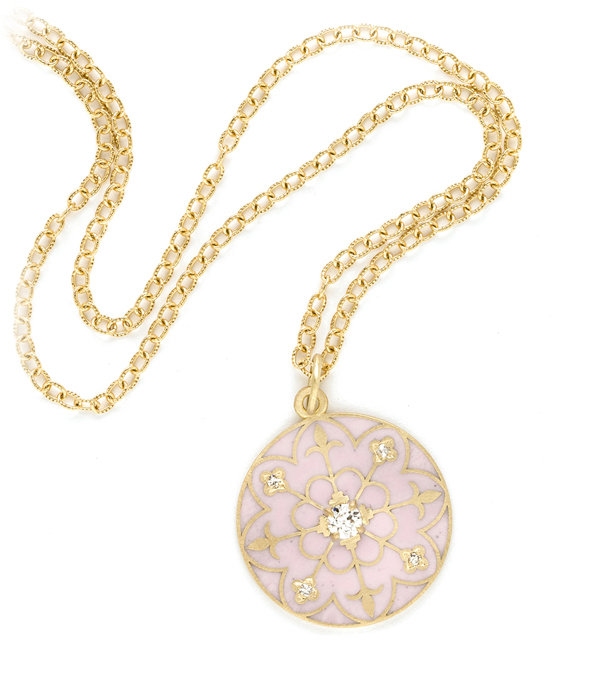 Gold Blush Enamel Compass Mandala Diamond Pendant Necklace