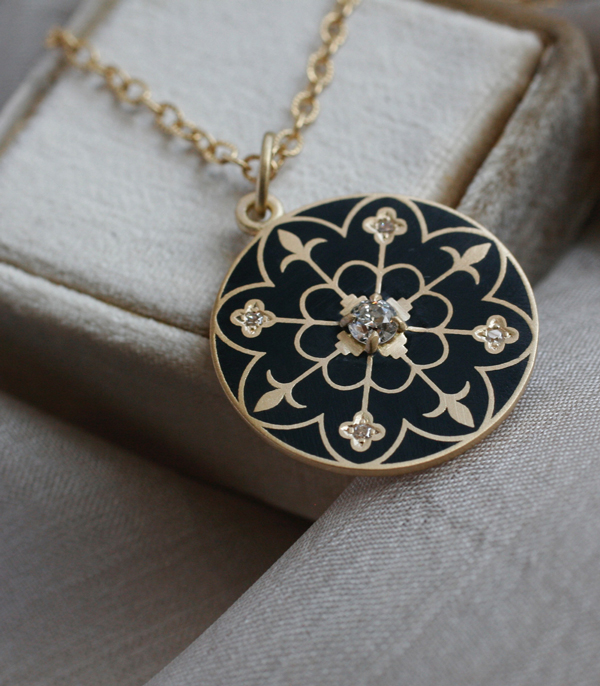 Gold Enamel Compass Mandala Diamond Pendant Necklace Shown