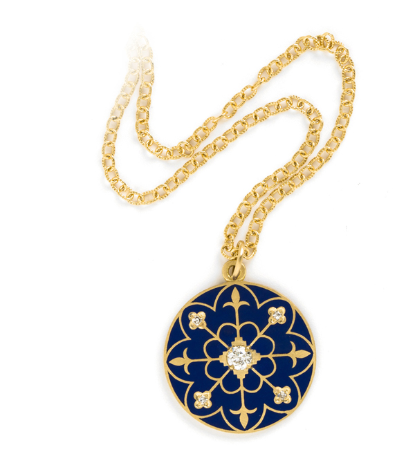 Gold Navy Enamel Compass Mandala Diamond Pendant Necklace